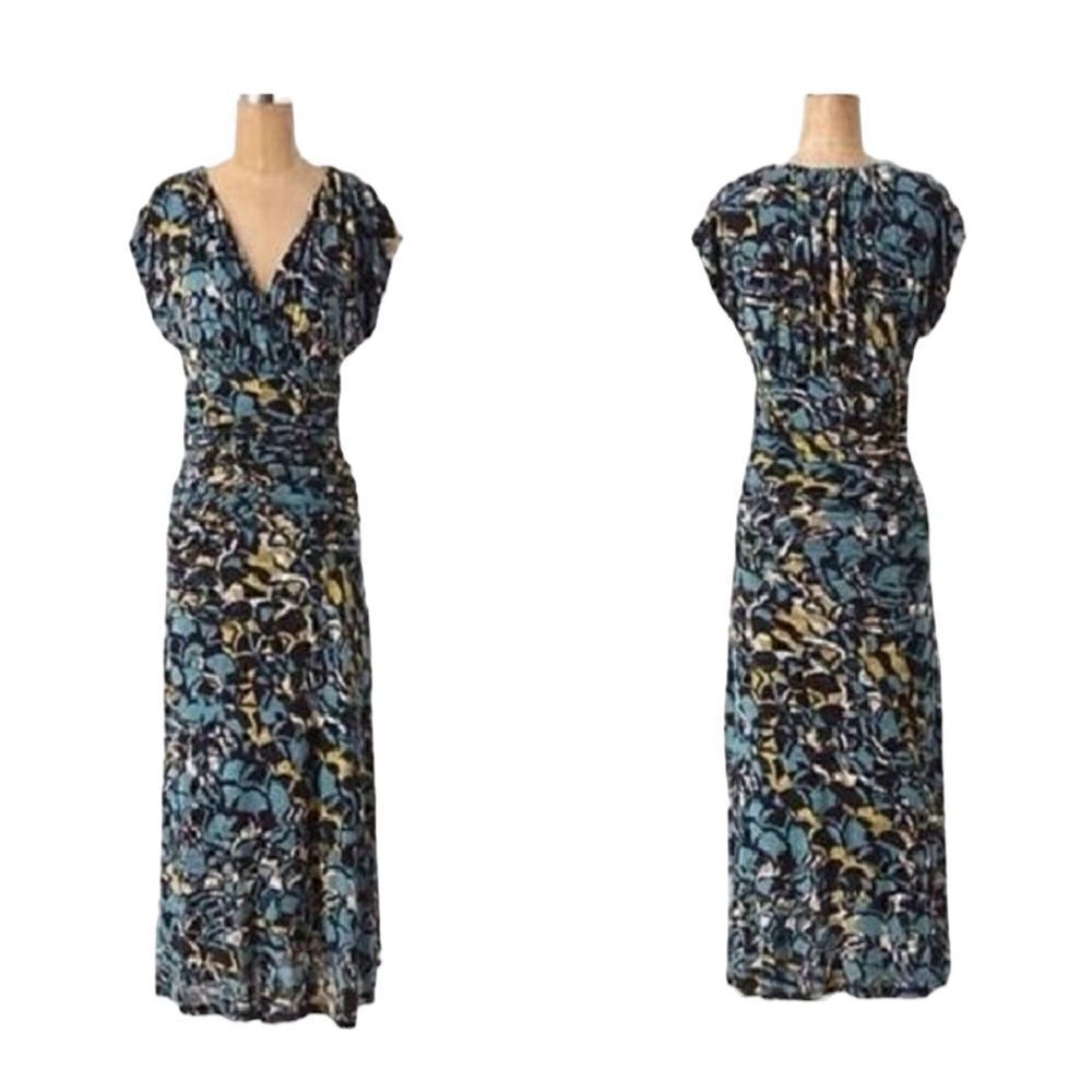 Mouliniette Souers Blue and Green Print Ruched Maxi Dress|  M